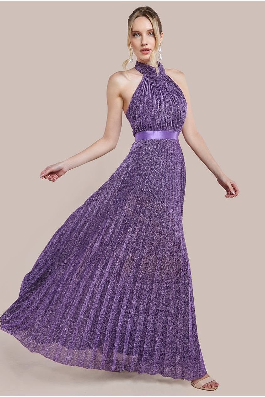 Goddiva Lurex Halterneck Pleated Maxi Dress – Purple