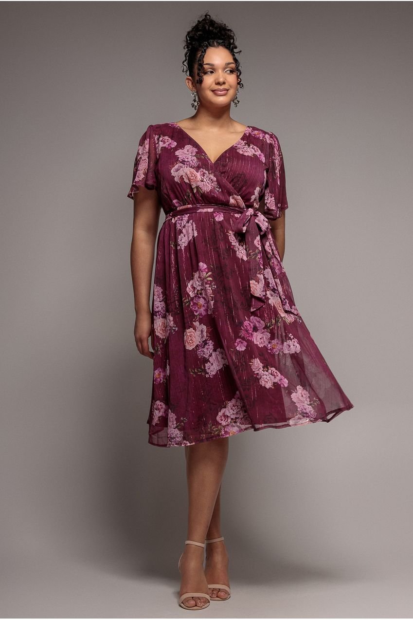 Goddiva Plus Floral Print Wrap Chiffon Midi Dress – Berry Floral