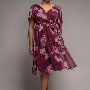 Goddiva Plus Floral Print Wrap Chiffon Midi Dress - Berry Floral