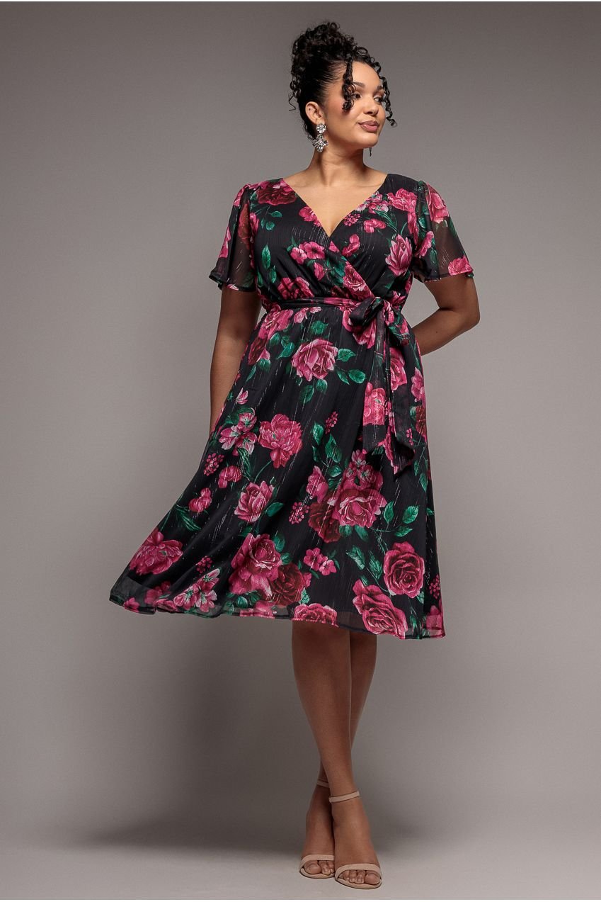 Goddiva Plus Floral Print Wrap Chiffon Midi Dress – Black Floral