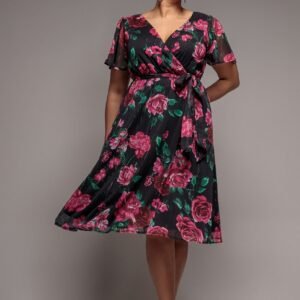 Goddiva Plus Floral Print Wrap Chiffon Midi Dress - Black Floral