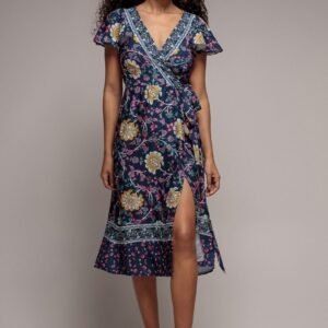 Goddiva Floral Print Wrap Midi With Flutter Sleeves - Navy Print