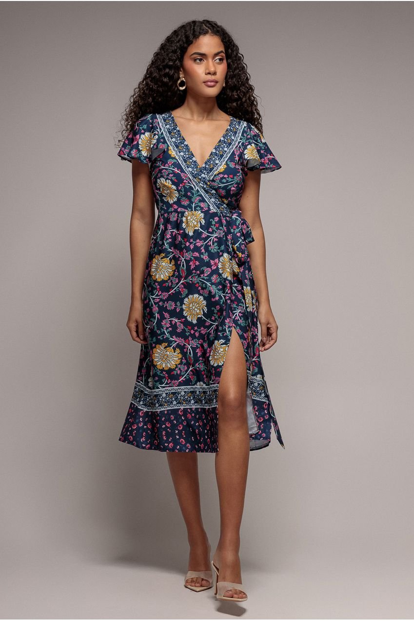 Goddiva Floral Print Wrap Midi With Flutter Sleeves – Navy Print