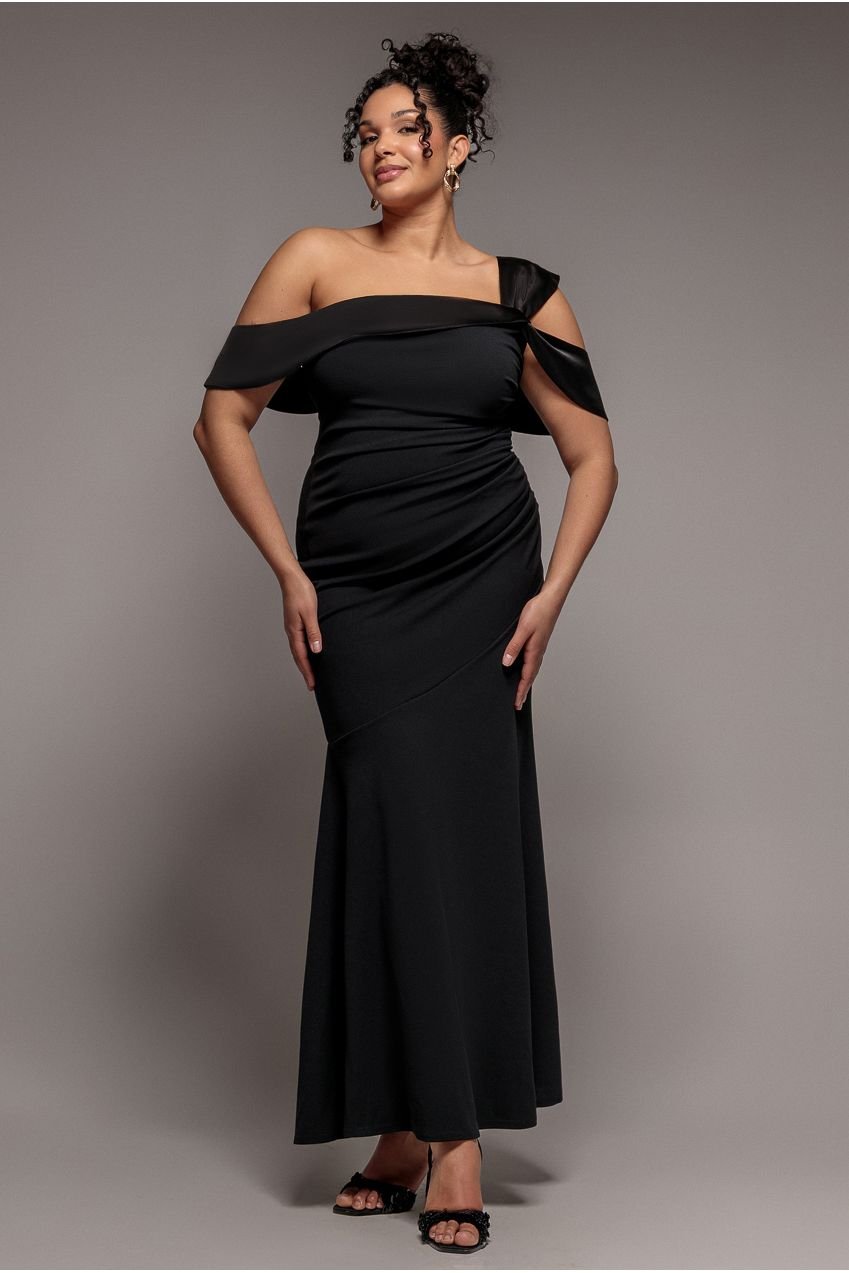 Goddiva Plus One Shoulder Satin Band Maxi Dress – Black