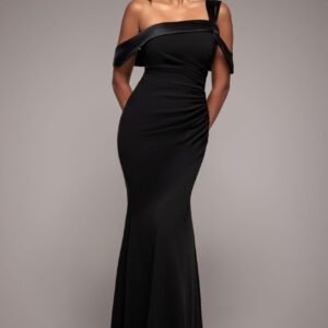 Goddiva One Shoulder Satin Band Maxi Dress - Black