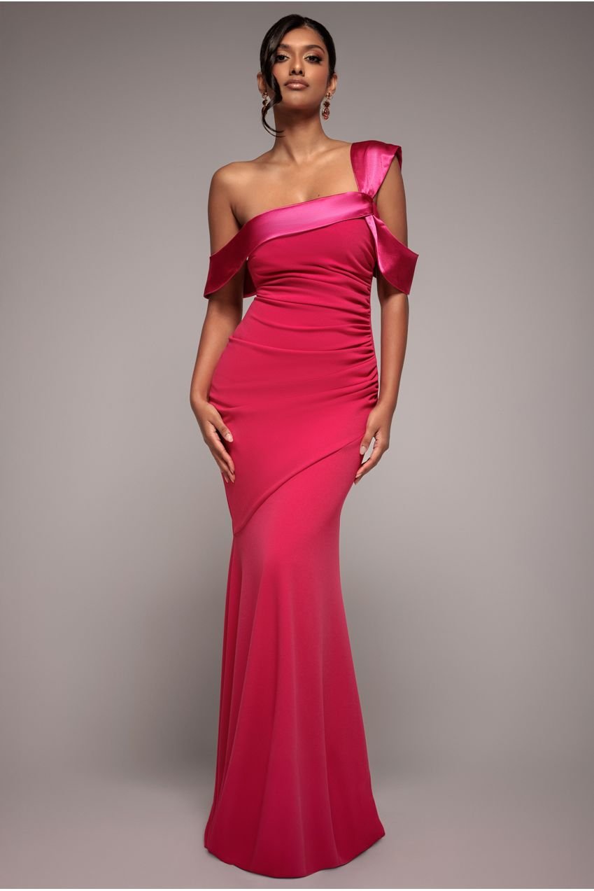 Goddiva One Shoulder Satin Band Maxi Dress – Magenta