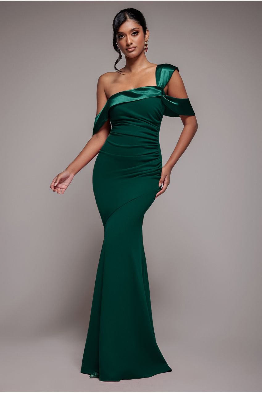 Goddiva One Shoulder Satin Band Maxi Dress – Emerald Green
