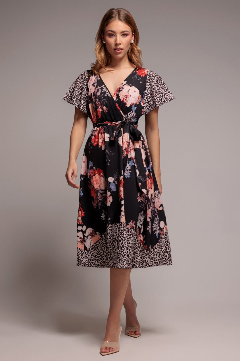 Goddiva Flutter Sleeve Printed Midi Dress – Leopard Print
