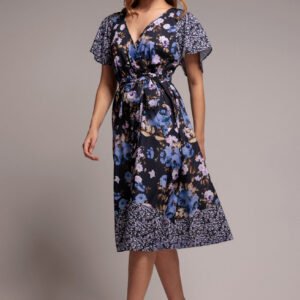 Goddiva Flutter Sleeve Printed Midi Dress - Navy Print