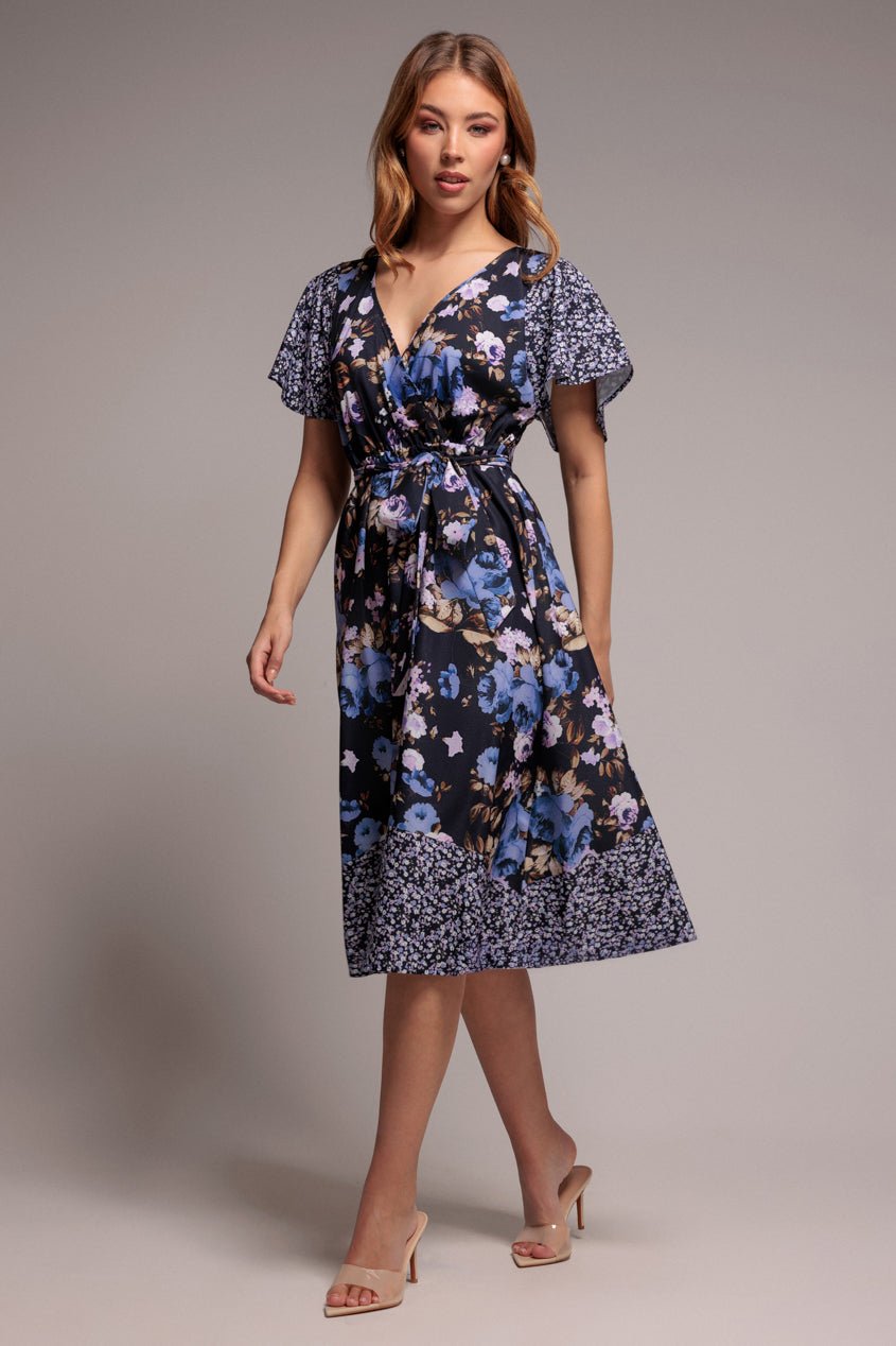 Goddiva Flutter Sleeve Printed Midi Dress – Navy Print