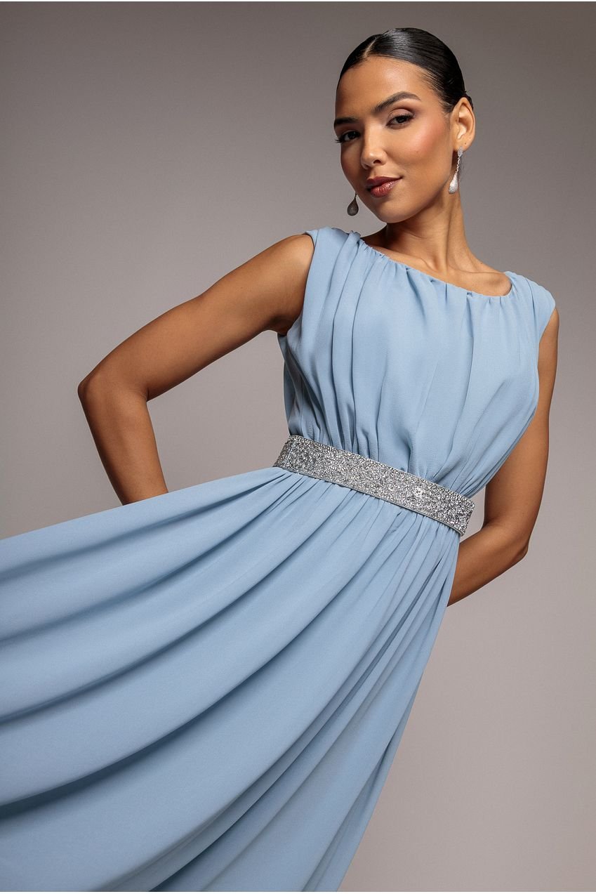 Goddiva Chiffon Maxi With Embellished Belt – Dusky Blue