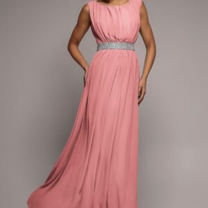 Goddiva Chiffon Maxi With Embellished Belt - Peach