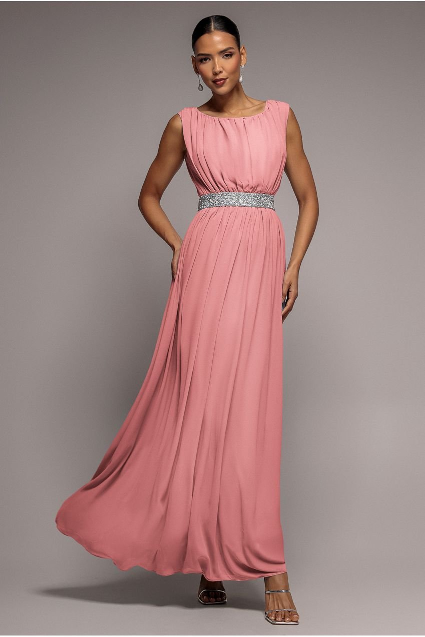 Goddiva Chiffon Maxi With Embellished Belt – Peach