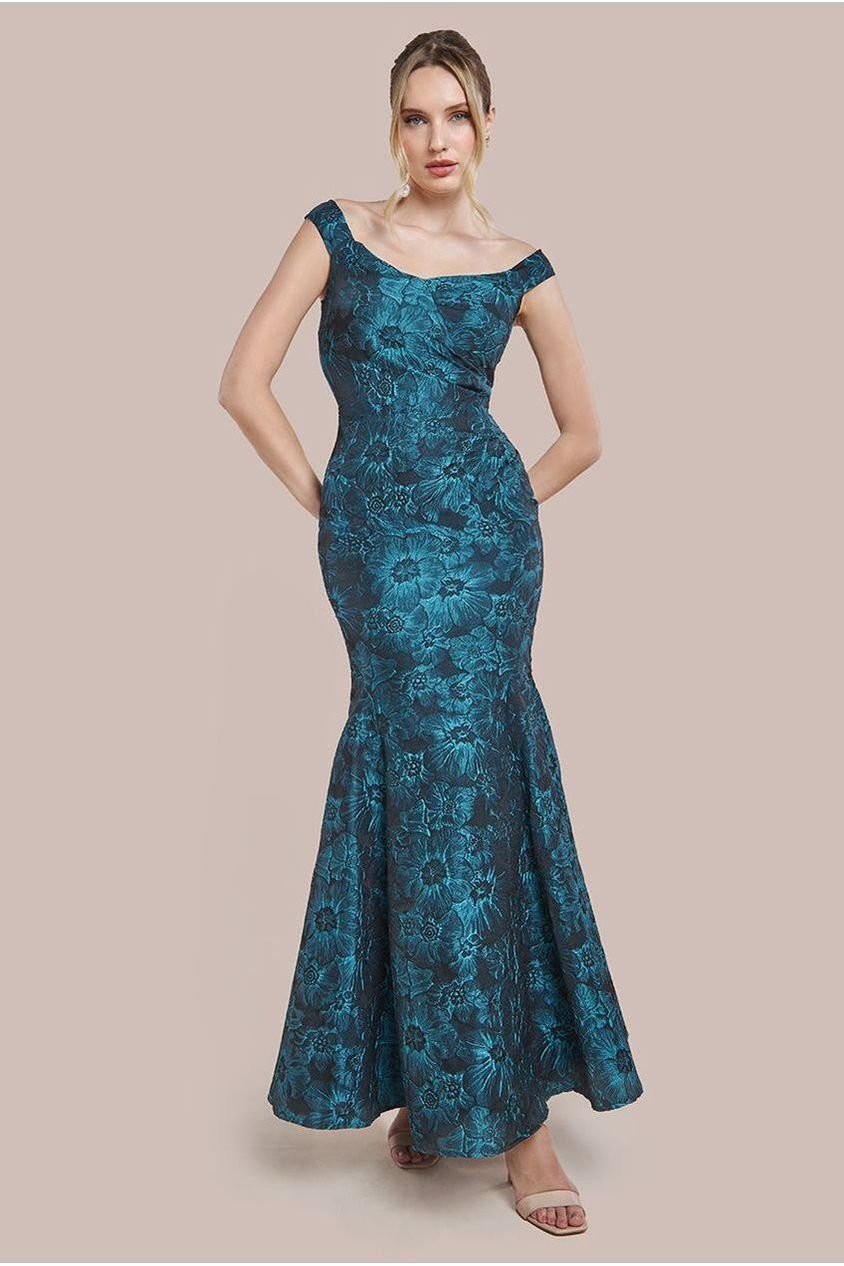 Goddiva Bardot Jacquard Maxi Dress – Emerald