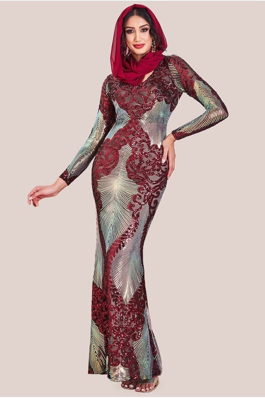 Goddiva Modesty Contrast Sequin Maxi Dress – Wine