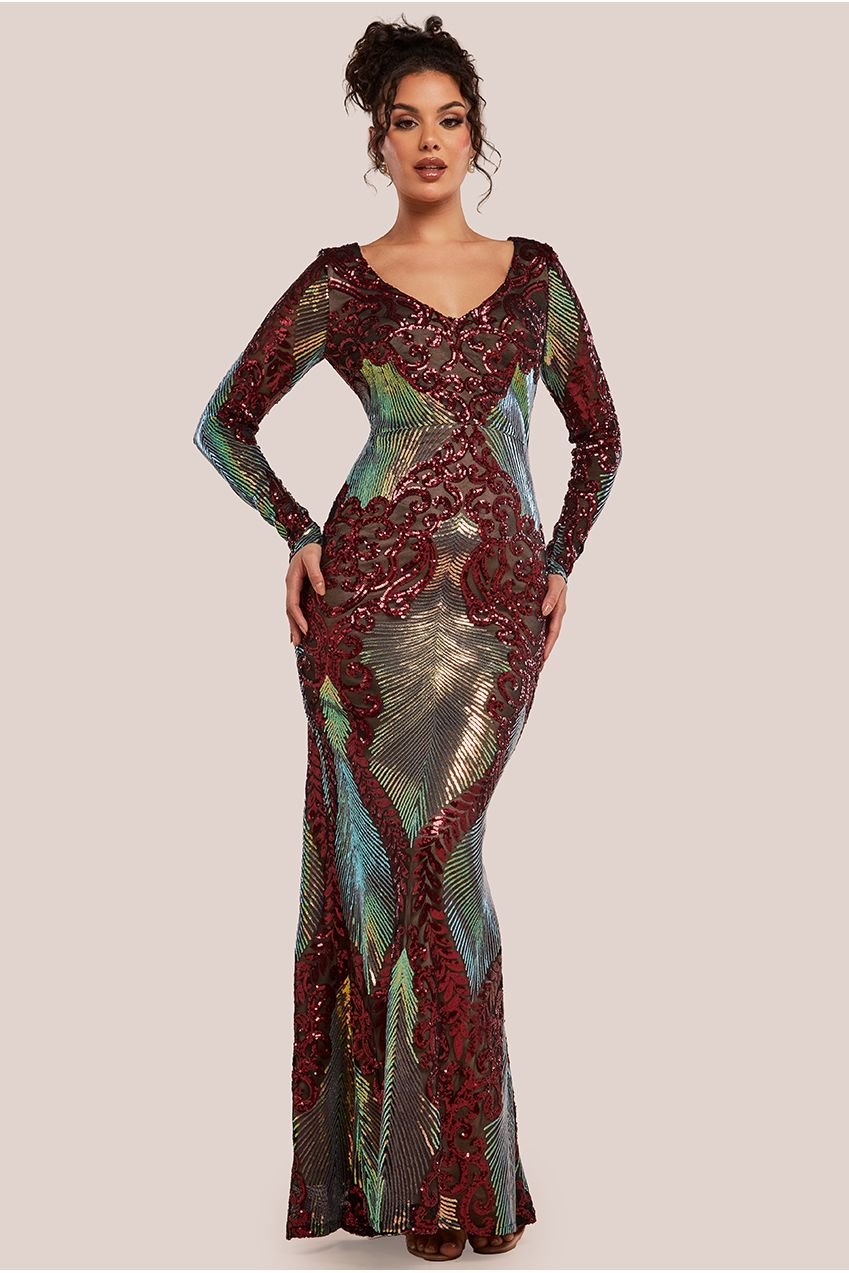 Goddiva Contrast Sequin Long Sleeve Maxi Dress – Wine