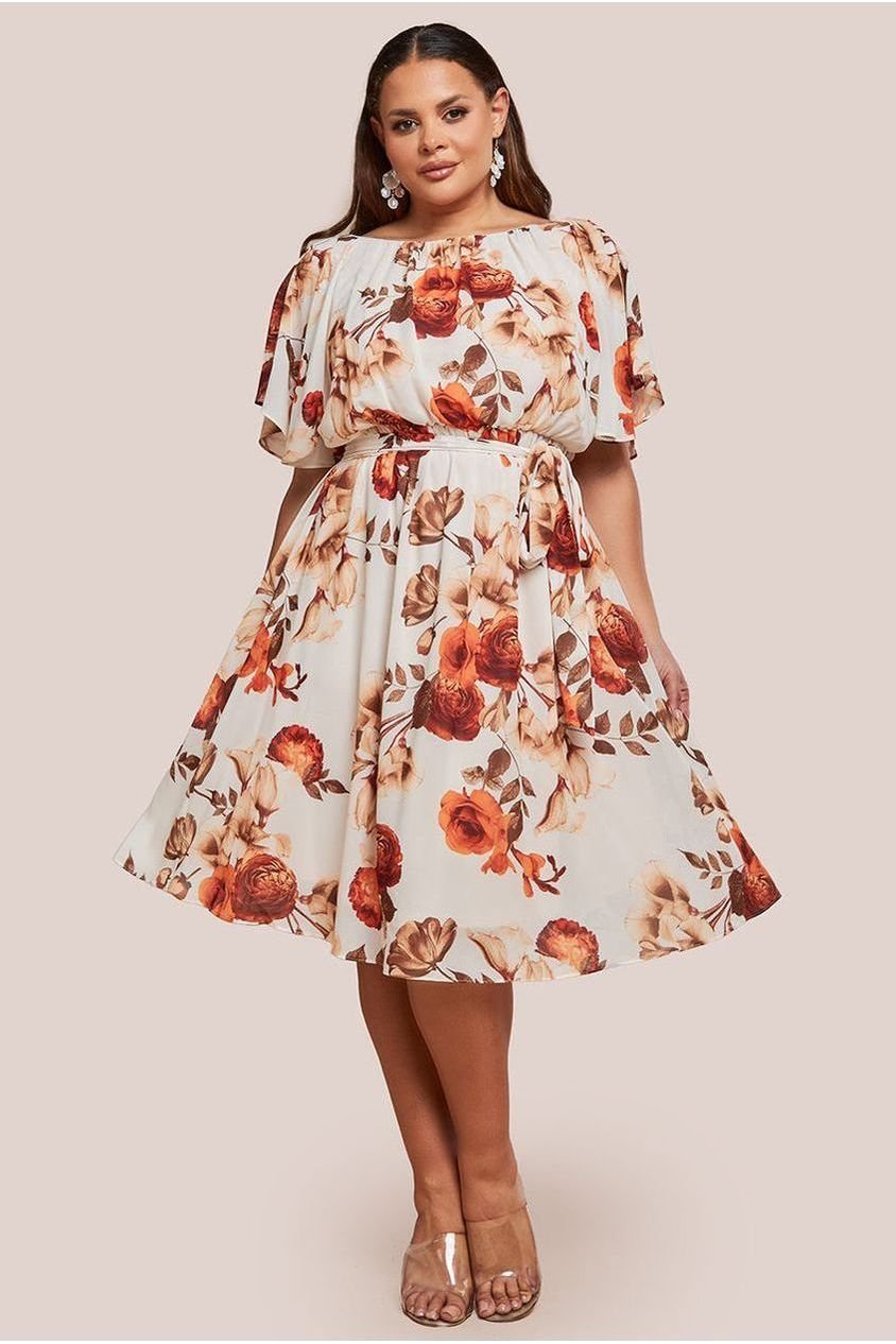 Goddiva Plus Wrap Back Flutter Sleeve Midi Dress – Beige