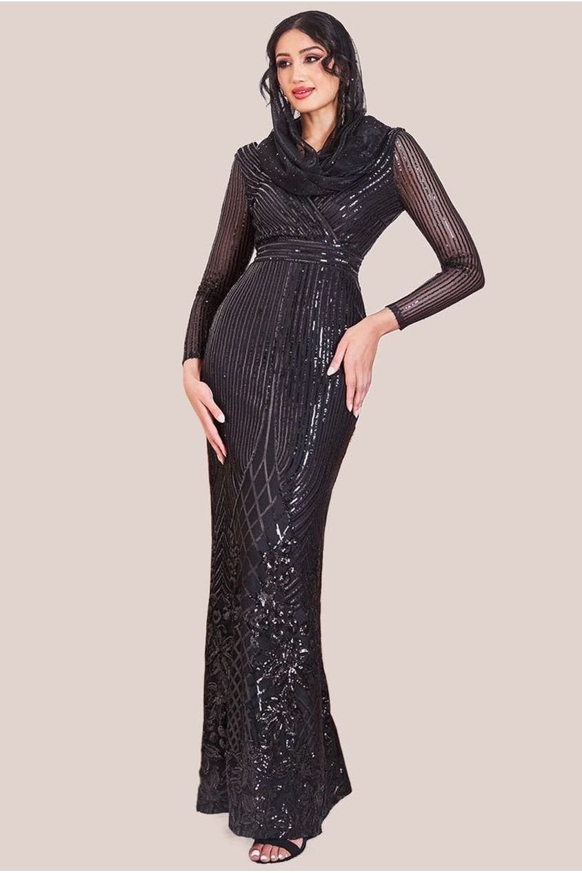 Goddiva Modesty Sequin Wrap Maxi Dress – Black