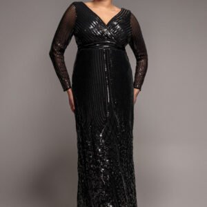 Goddiva Plus Long Sleeve Sequin V Wrap Maxi Dress - Black