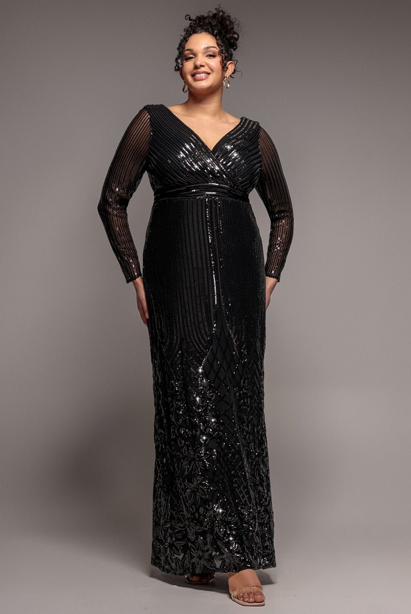 Goddiva Plus Long Sleeve Sequin V Wrap Maxi Dress – Black