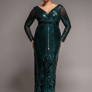 Goddiva Plus Long Sleeve Sequin V Wrap Maxi Dress - Emerald Green
