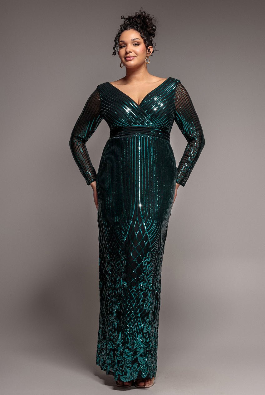 Goddiva Plus Long Sleeve Sequin V Wrap Maxi Dress – Emerald Green