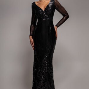 Goddiva Long Sleeve Sequin V Wrap Maxi Dress - Black