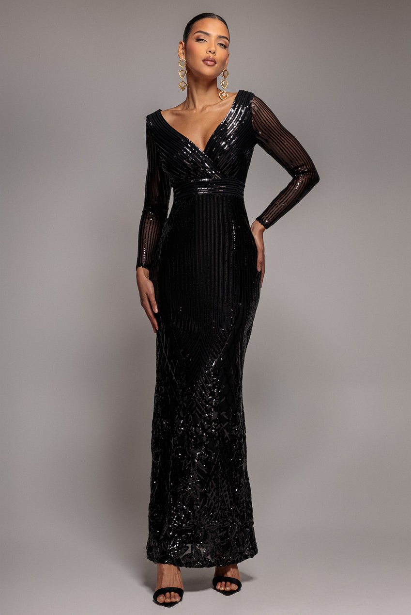 Goddiva Long Sleeve Sequin V Wrap Maxi Dress – Black