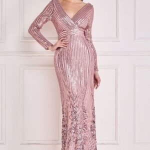 Goddiva Long Sleeve Sequin V Wrap Maxi Dress - Blush