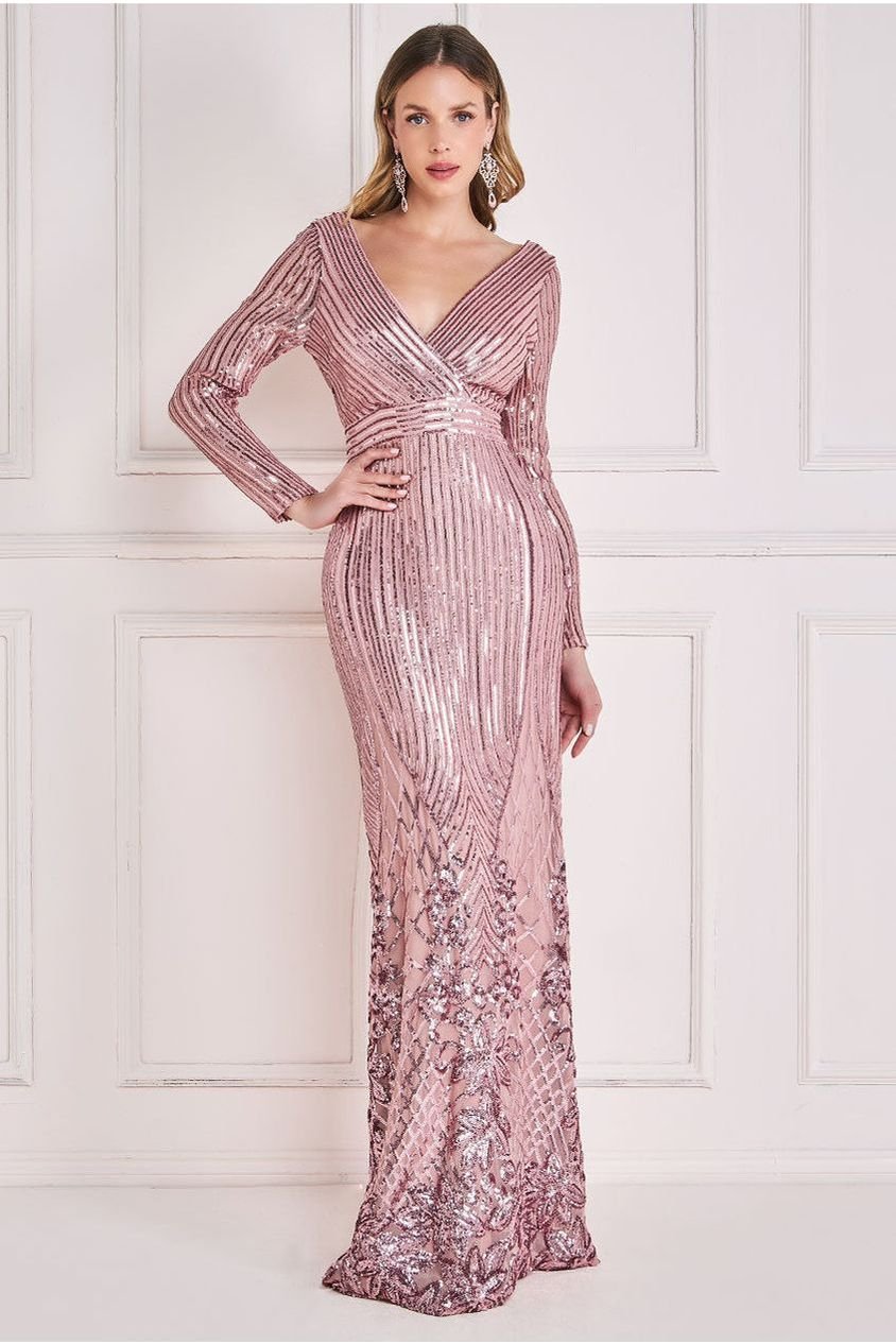 Goddiva Long Sleeve Sequin V Wrap Maxi Dress – Blush