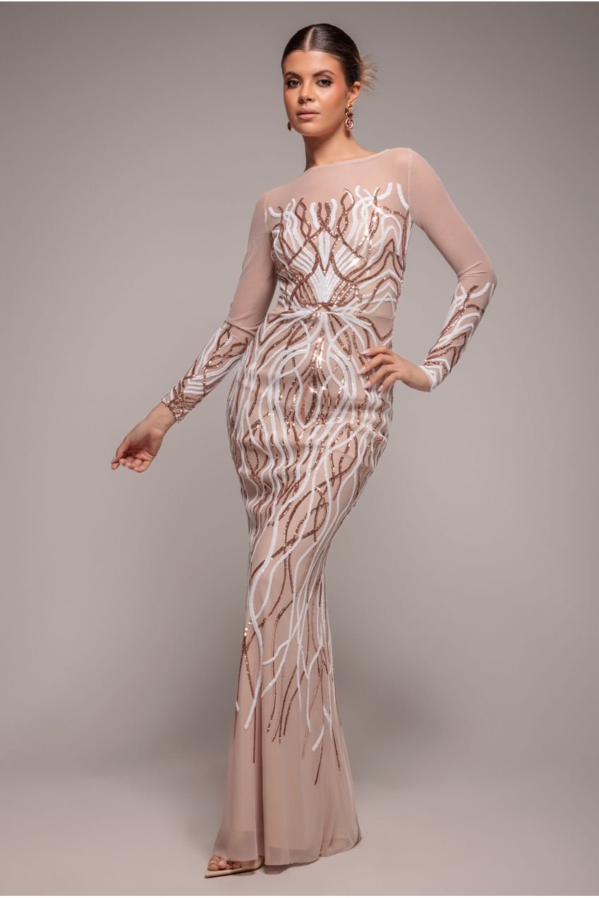 Goddiva Long Sleeve Sequin Flame Maxi – Champagne