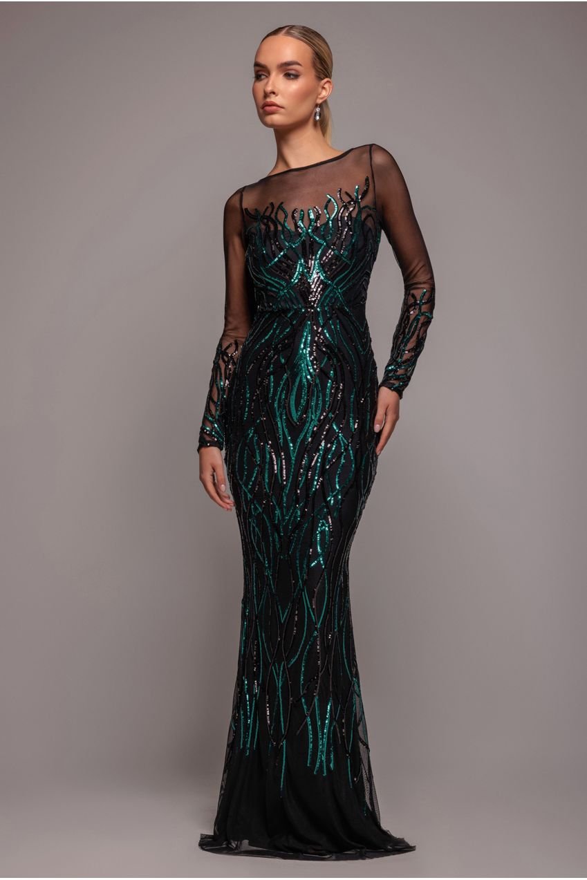 Goddiva Long Sleeve Sequin Flame Maxi – Emerald Green