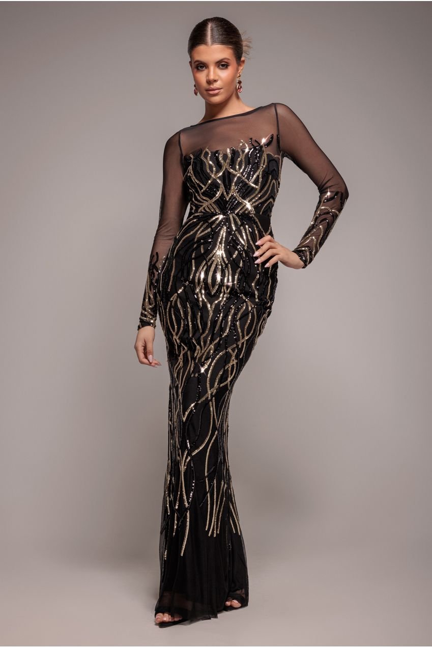 Goddiva Long Sleeve Sequin Flame Maxi – Gold