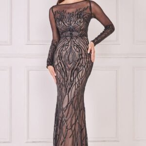Goddiva Long Sleeve Sequin Flame Maxi - Solid Black