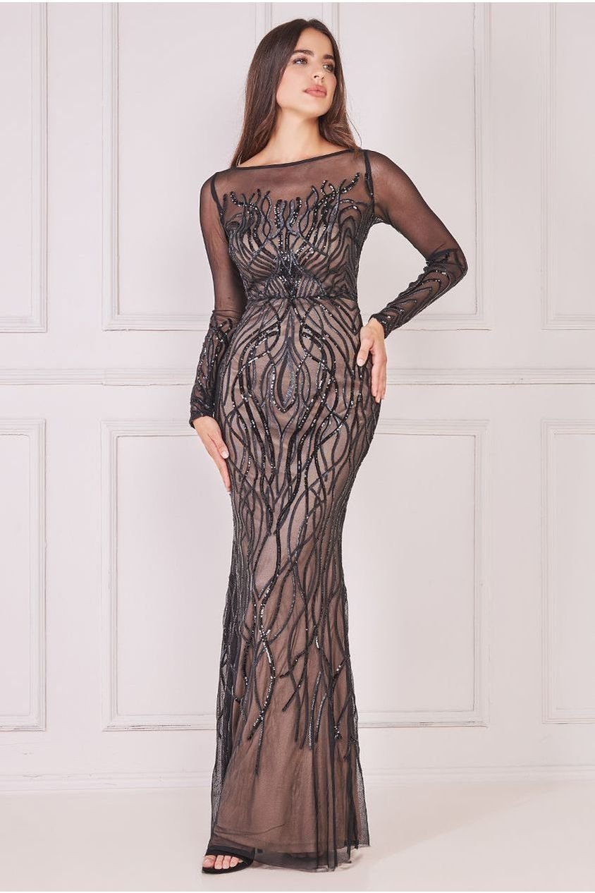Goddiva Long Sleeve Sequin Flame Maxi – Solid Black