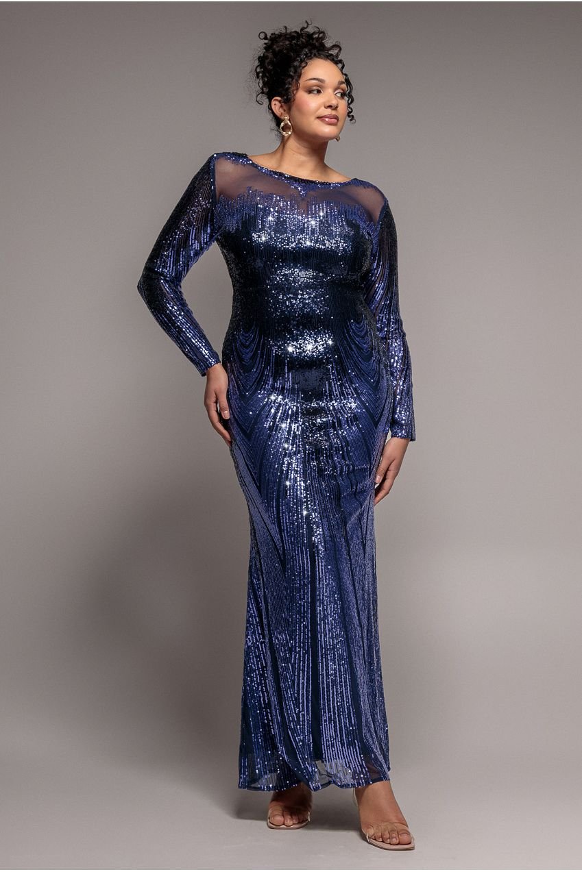 Goddiva Plus Long Sleeve Aztec Sequin Maxi Dress – Navy
