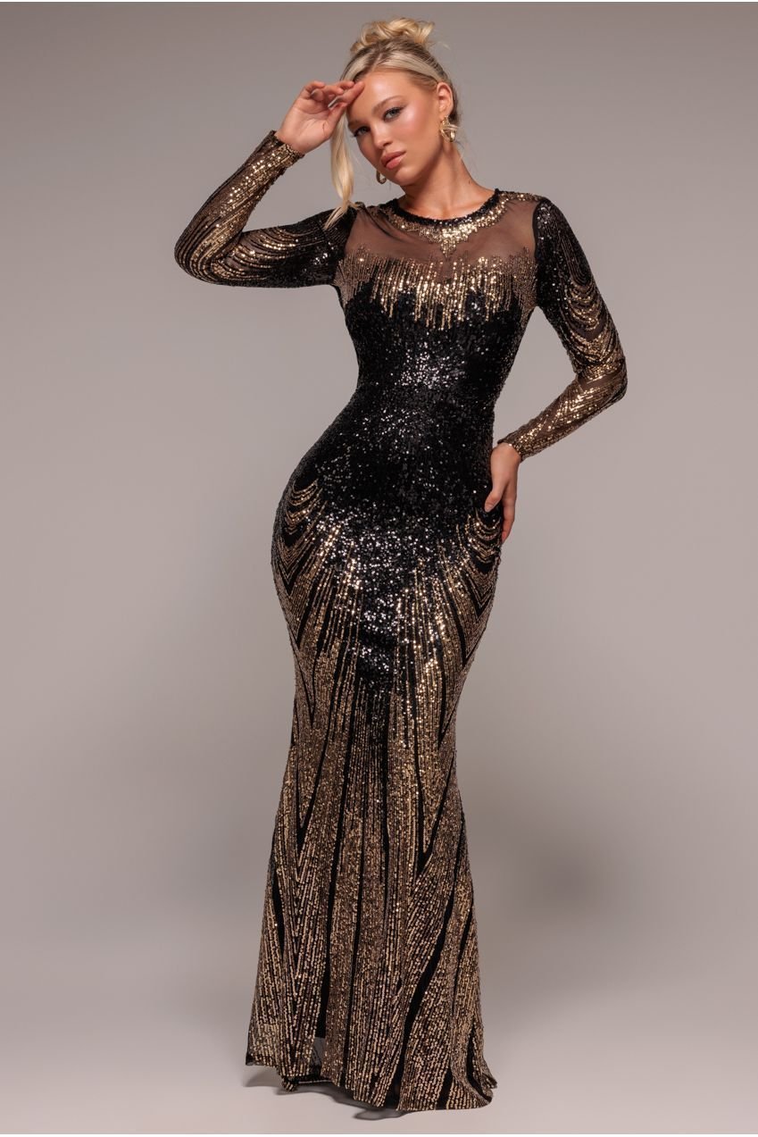 Goddiva Long Sleeve Aztec Sequin Maxi Dress – Gold