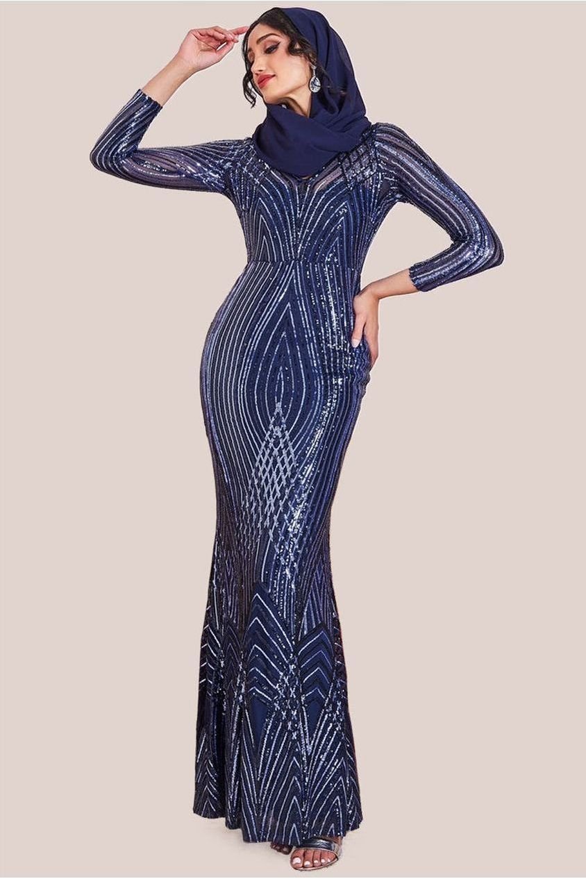 Goddiva Modesty Two Toned Sequin Maxi – Navy