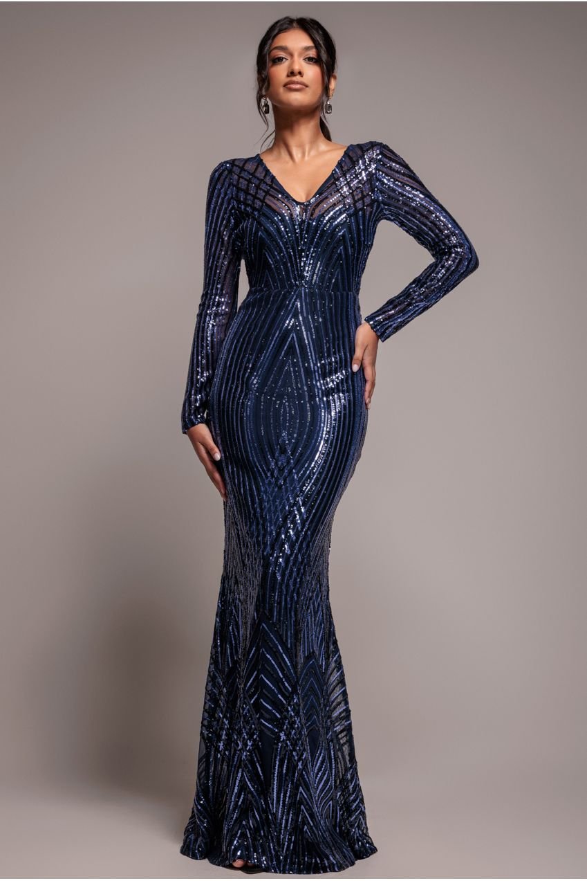Goddiva Two Toned V Neck Sequin Maxi – Navy