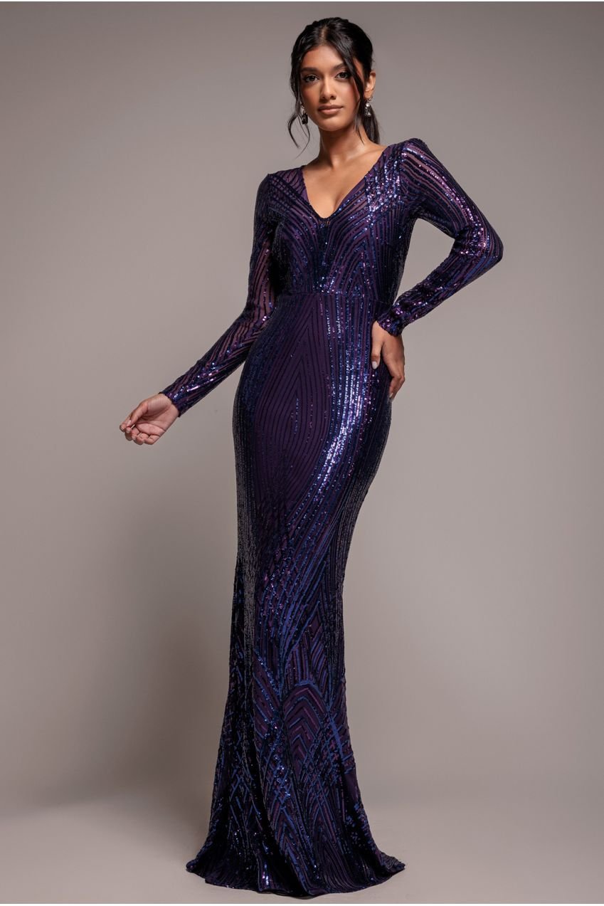 Goddiva Two Toned V Neck Sequin Maxi – Purple