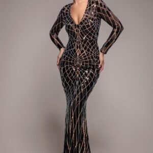 Goddiva Geo Sequin Long Sleeve Maxi Dress - Black