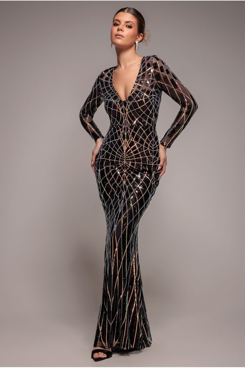 Goddiva Geo Sequin Long Sleeve Maxi Dress – Black