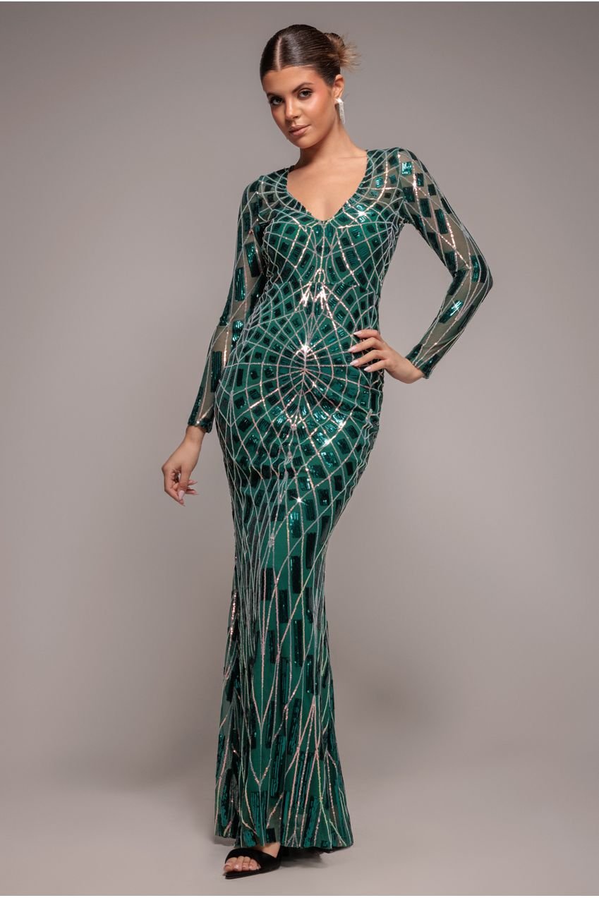 Goddiva Geo Sequin Long Sleeve Maxi Dress – Emerald