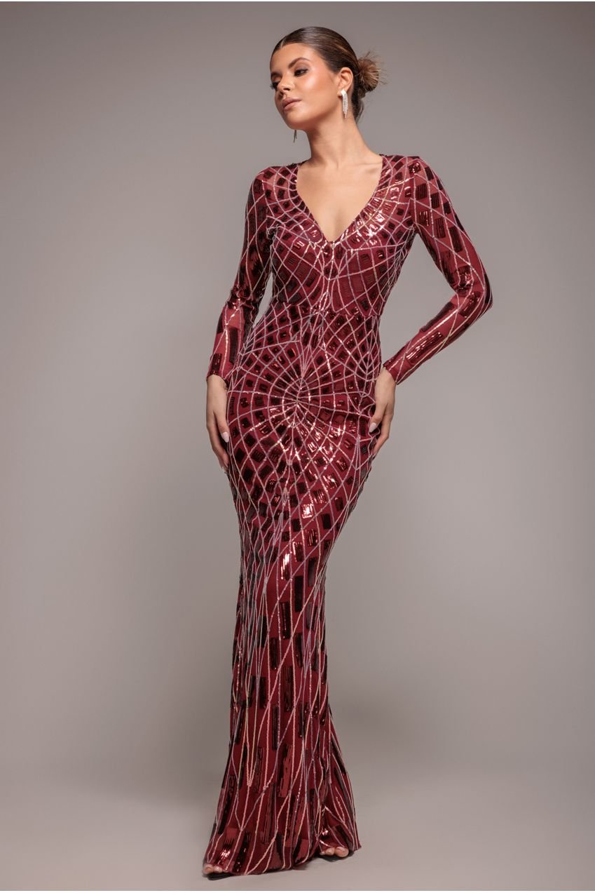 Goddiva Geo Sequin Long Sleeve Maxi Dress – Wine