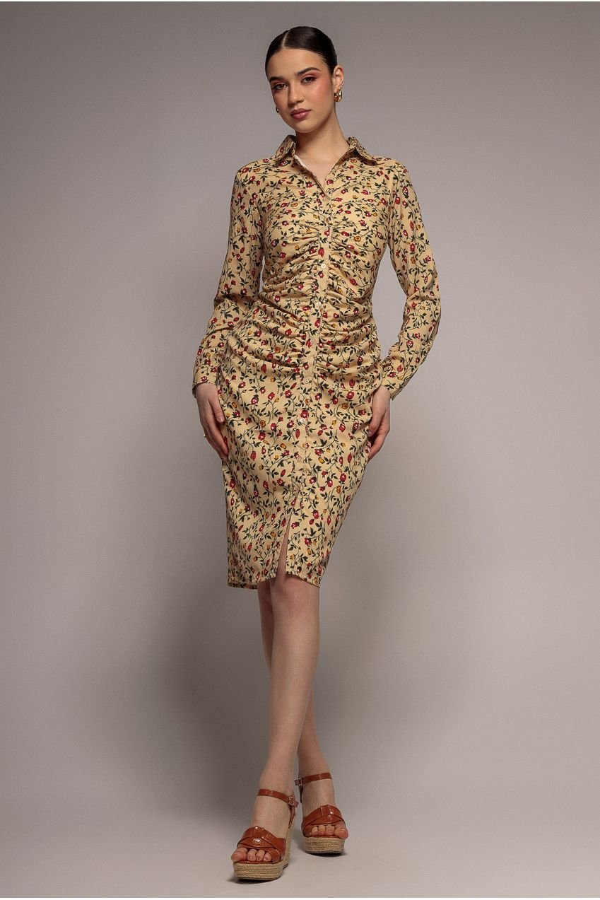 City Goddess Floral Print Shirt Dress – Beige