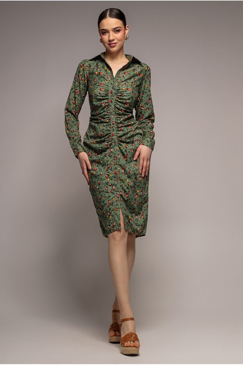 City Goddess Floral Print Shirt Dress – Sage Green