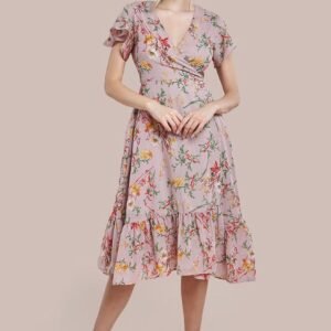 City Goddess Wrap Flutter Sleeve Floral Midi Dress - Beige