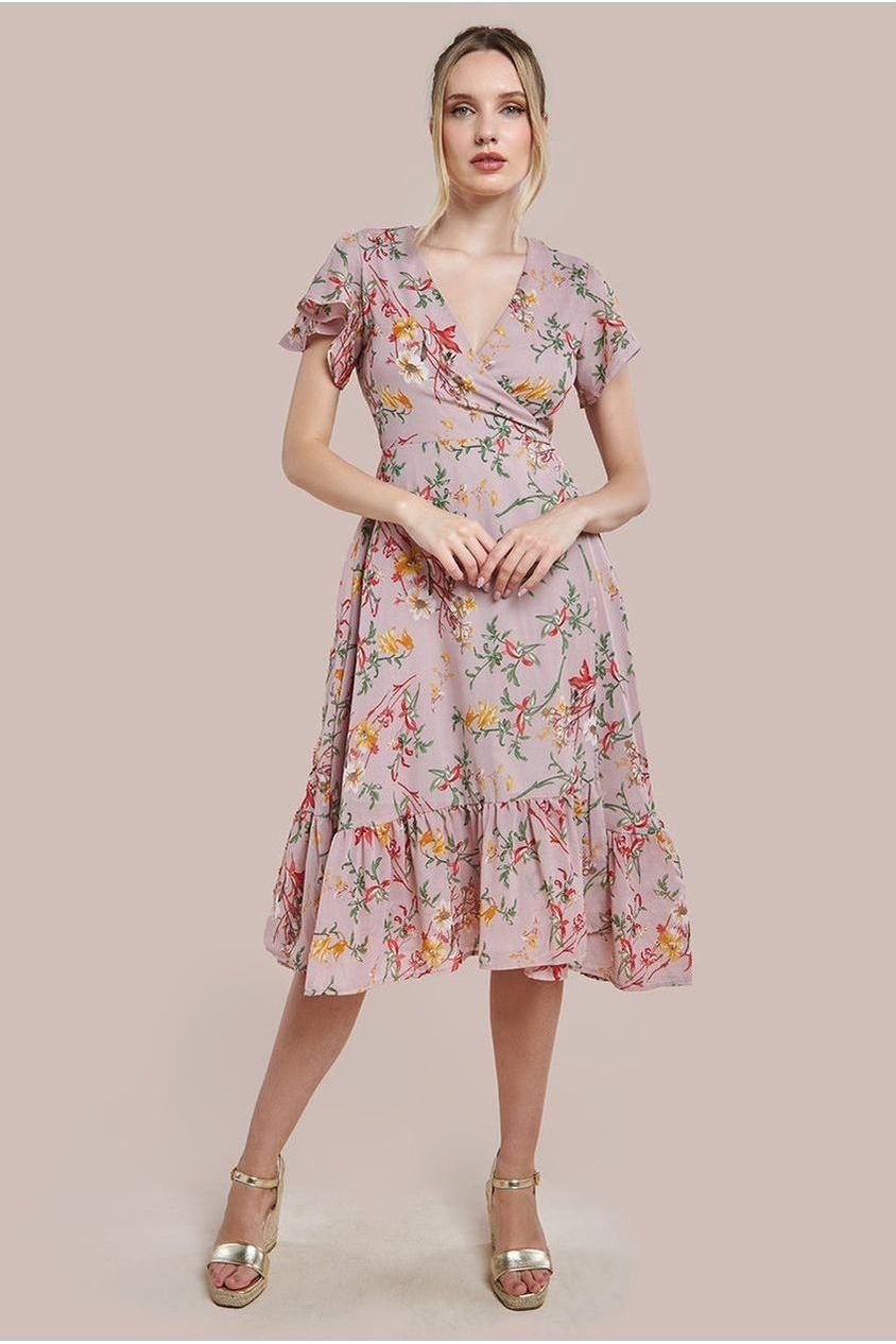 City Goddess Wrap Flutter Sleeve Floral Midi Dress – Beige