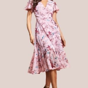 City Goddess Wrap Flutter Sleeve Floral Midi Dress - Peach