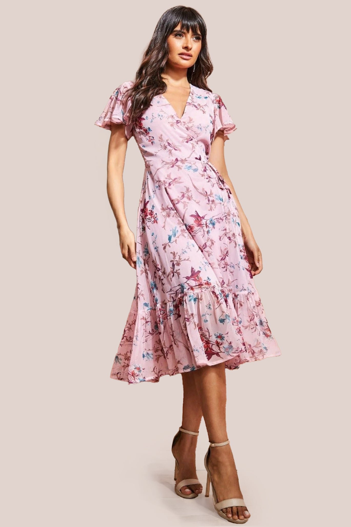 City Goddess Wrap Flutter Sleeve Floral Midi Dress – Peach